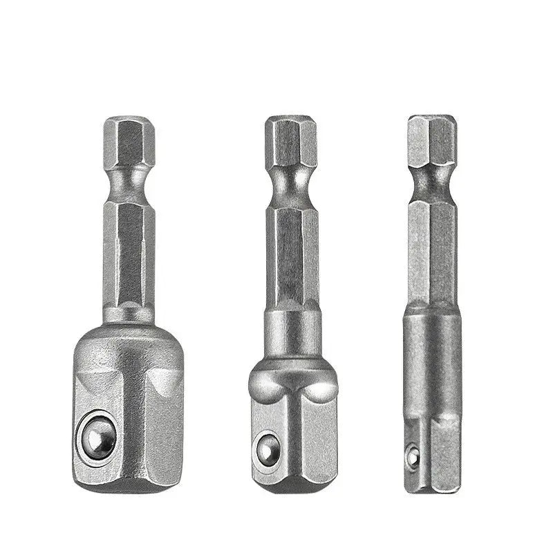 Three Piece Drill Socket Adapter Set Hex Shank To Square Drive For Impact Drills 1/4 3/8 1/2 Inch