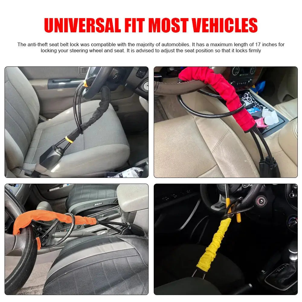 Steering wheel lock with seat belt socket, Simples Market, trucks/SUVs/vans/RVs, steel rope and 3 keys