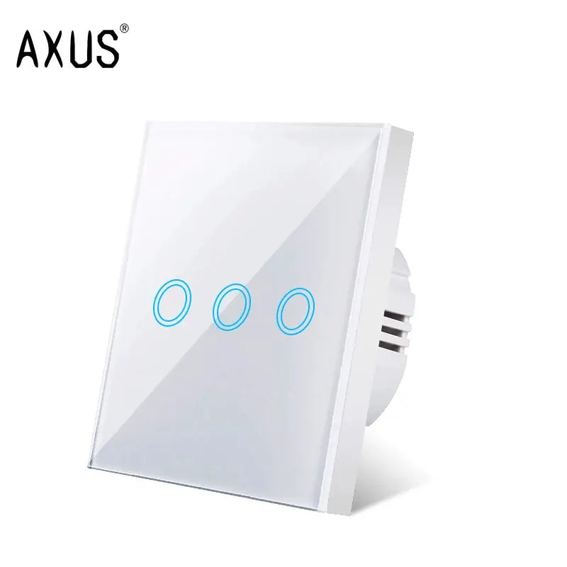 AXUS 3-gang touch switch panel in white tempered crystal glass with blue LED backlight