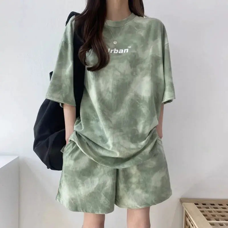 Women Tie Dye T Shirt And Wide Leg Shorts Set With Pockets Plus Size