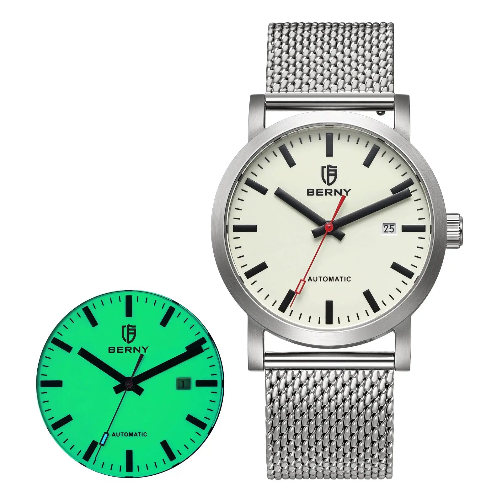 BERNY men’s automatic wristwatch with stainless steel mesh band and white dial with date window.