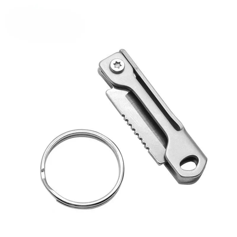 Stainless steel mini folding knife with serrated edge and keyring
