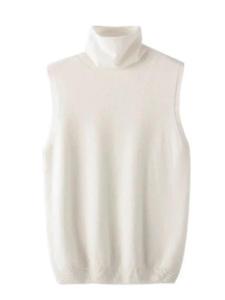 Women 100 Percent Merino Wool Sleeveless Turtleneck Vest Waistcoat Knitwear For Spring Autumn Winter Layering Fashion Tops