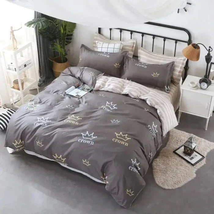 4-piece Aloe Vera cotton bedding set in gray with crown print