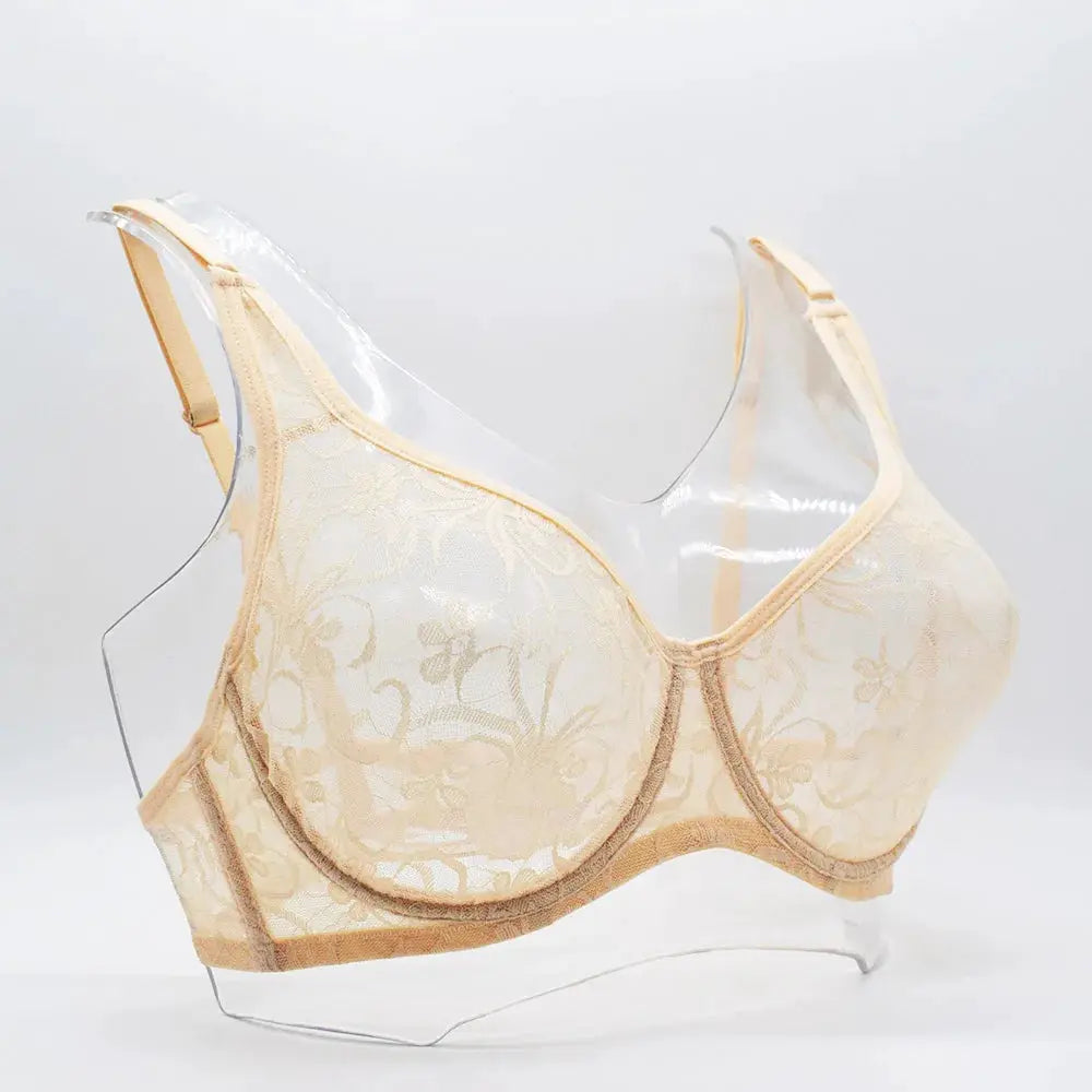 Womens lace underwire bra with hollow-out embroidery, beige, plus-size, Simples Market