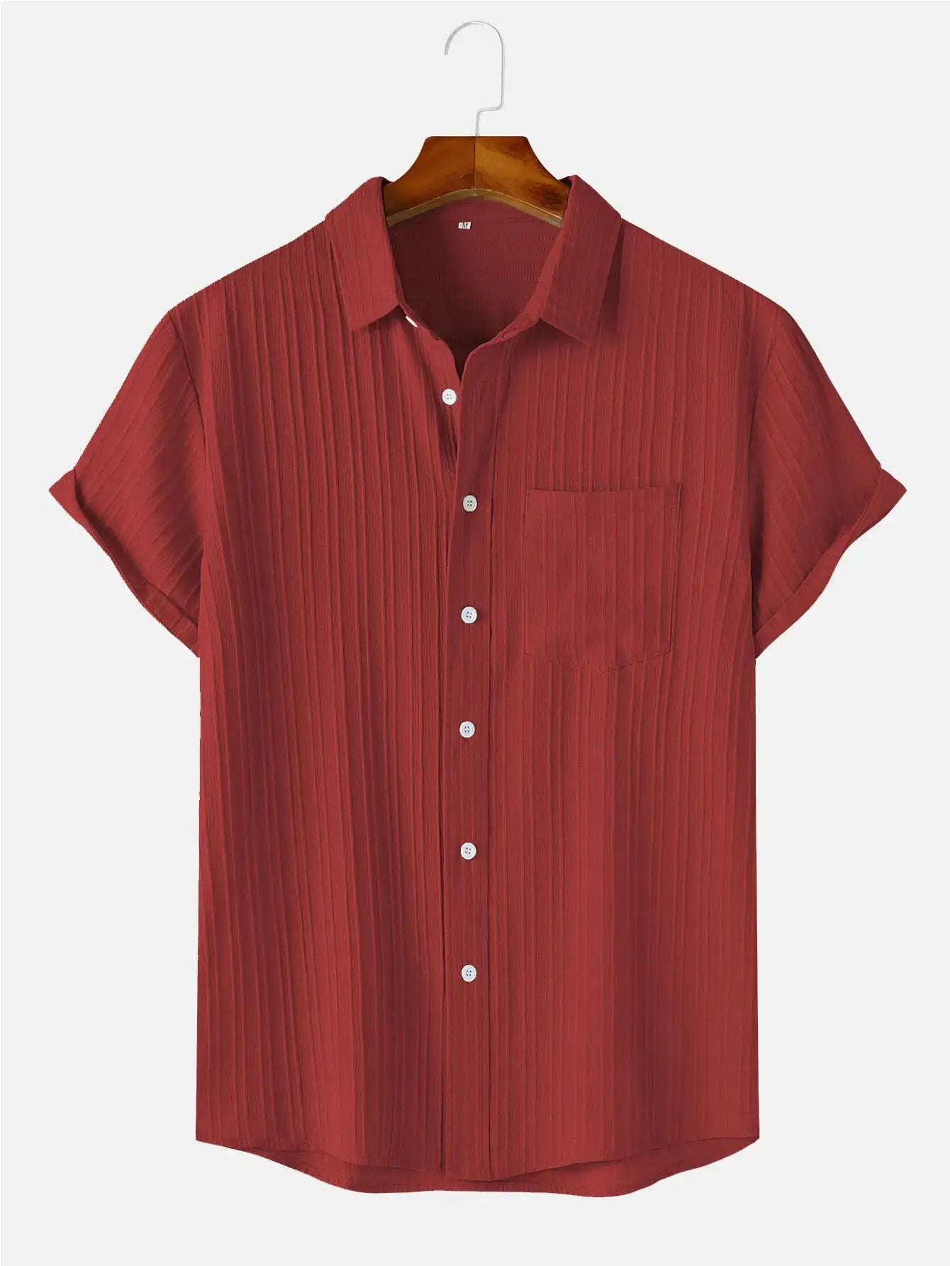 Men's red short-sleeve shirt with vertical pleated texture, rolled sleeves, button front, chest pocket