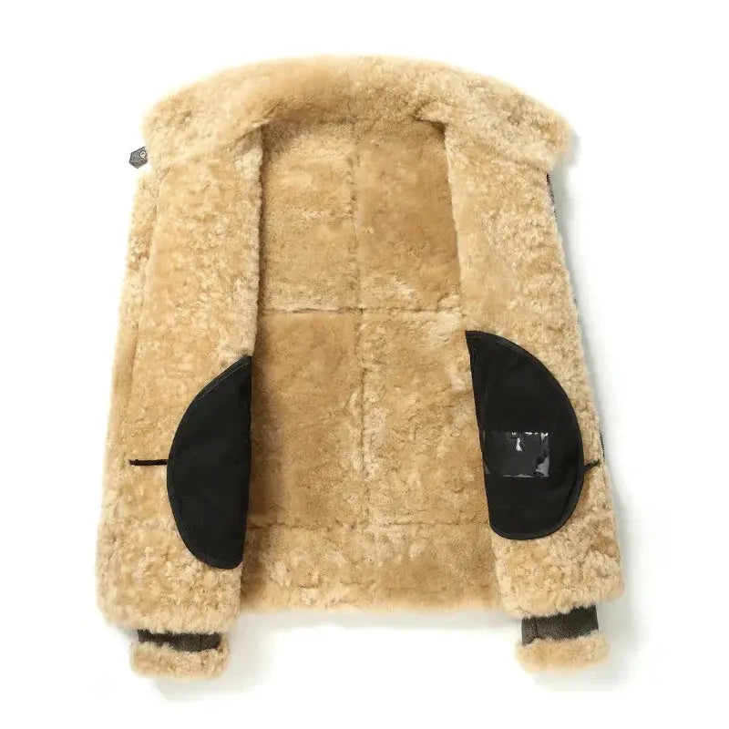 Beige shearling fur jacket; back view with black leather patches, Simples Market