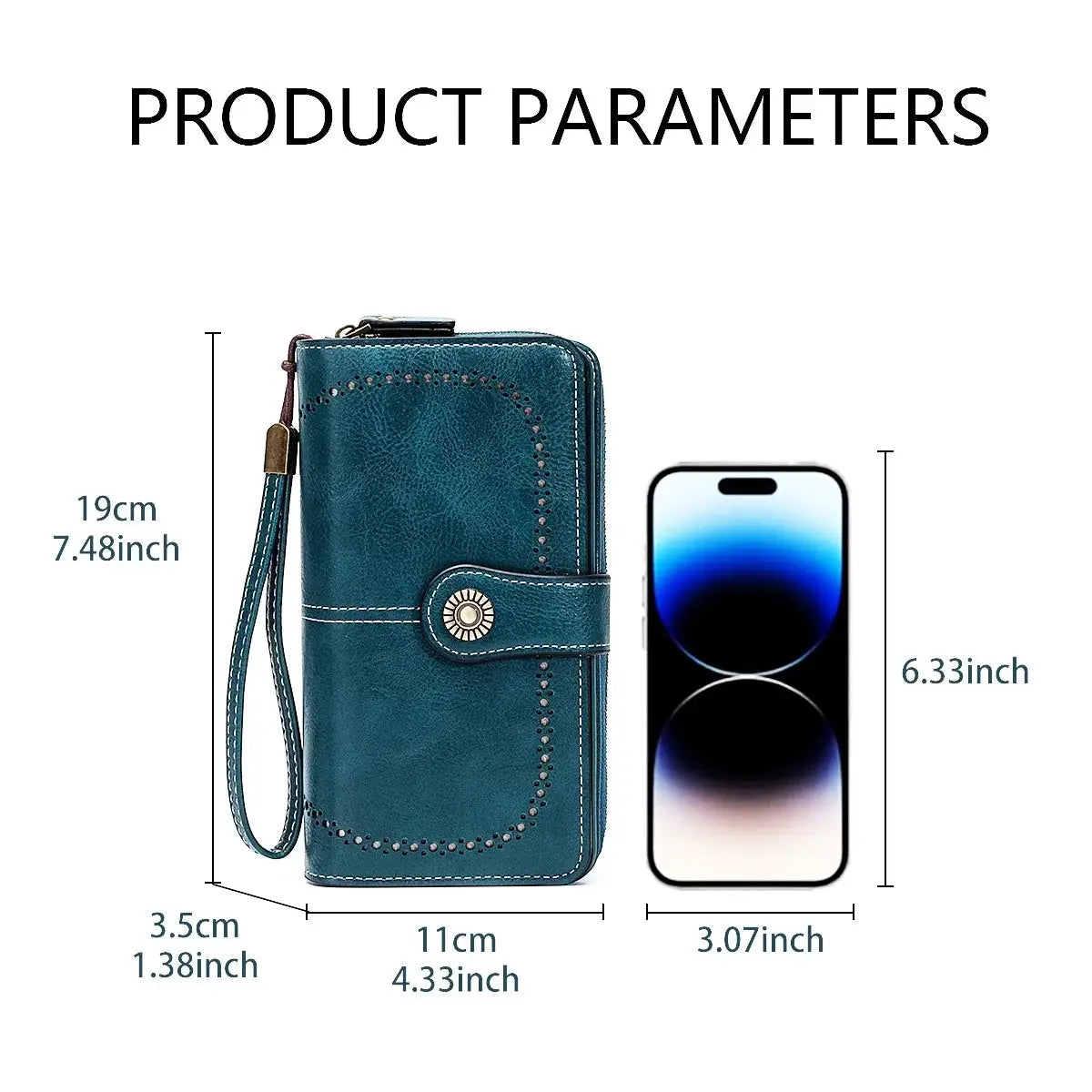 RFID anti-theft long wallet in teal oil-waxed leather with wrist strap by Simples Market