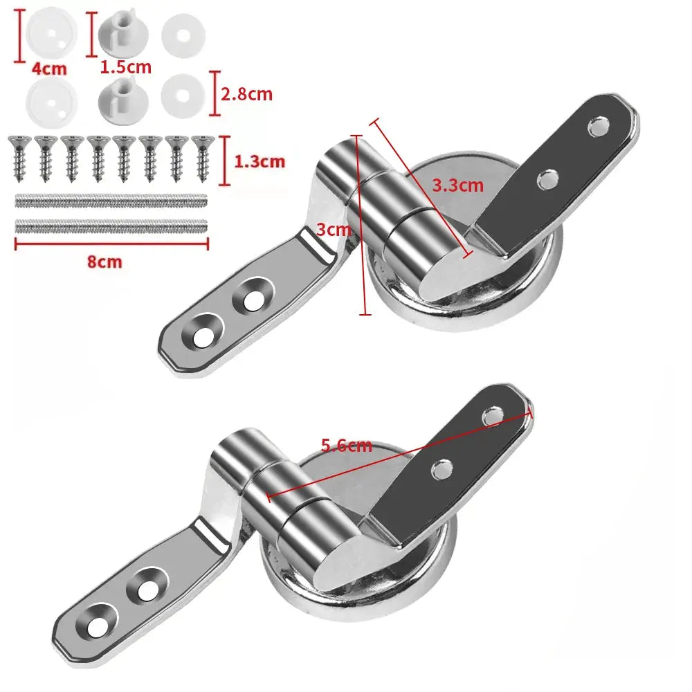 Simples Market O-shaped toilet seat hinge kit with two hinges, screws, spacers, chrome finish.