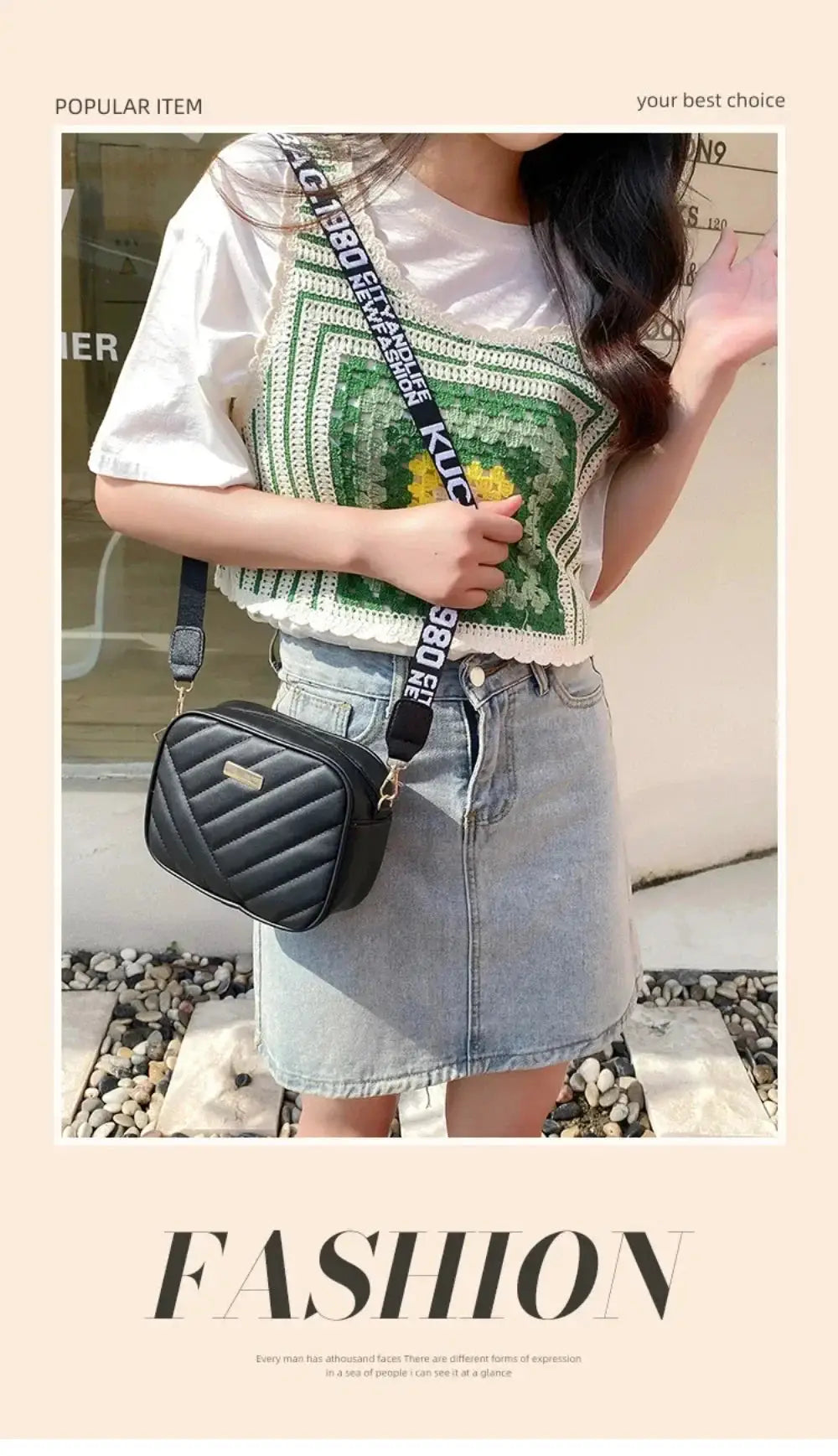 Shoulder bag by Simples Market, black quilted PU crossbody with printed strap.
