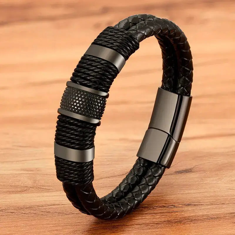Vintage Woven Leather Rope Wrap Bracelets for Men with Stainless Steel Accents Punk Wristband Jewelry Gift