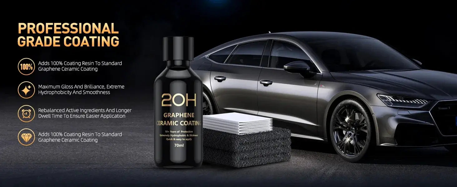 20H Graphene Ceramic Coating bottle by Simples Market with car, sponge and microfiber towels