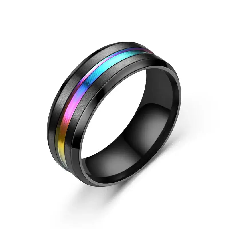 8mm Black Titanium Ring For Men And Unisex Simple Stainless Steel Rainbow Groove Jewelry Gift