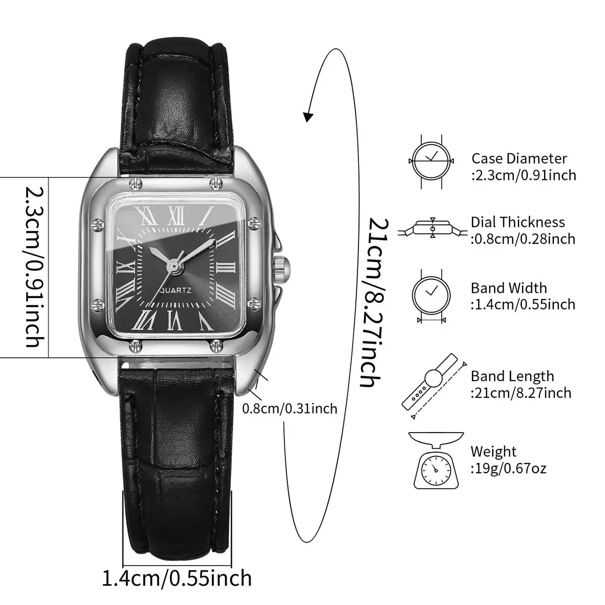 Simples Market square women’s leather strap wristwatch with Roma dial, black band, quartz