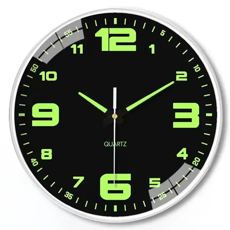 8 Inch wall clock with black dial, lime-green numerals and hands, silver frame, silent quartz movement