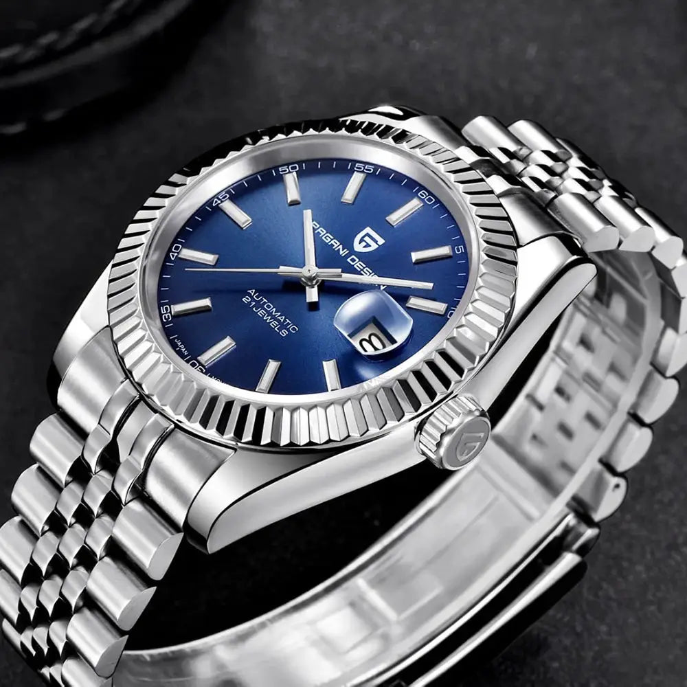 Pagani Design men's automatic watch with blue dial, stainless steel Jubilee bracelet, 100m water resistance