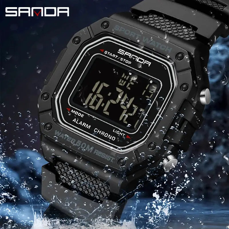 SANDA 2156 Military Style Digital Mens Watch With Large Dial Water Resistant LED Stopwatch