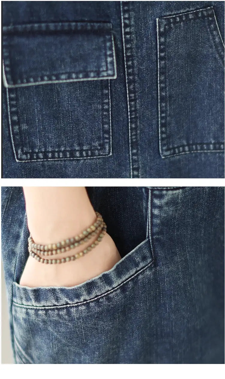 Blue denim overalls for women by Simples Market with multi-pocket cargo styling and suspender straps