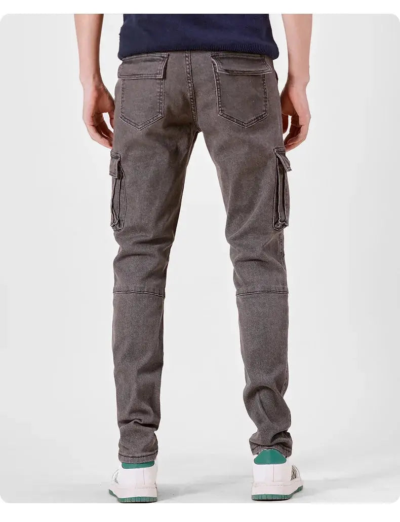 Men's cargo denim pants by Simples Market in washed gray, elastic waist, slim fit with multiple pockets