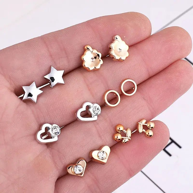 18 Pairs Set Gold Sliver Enamel Pearl Flower Heart Stud Earrings For Women Plastic Butterfly Jewelry Gift Mix Style - Simples Market
