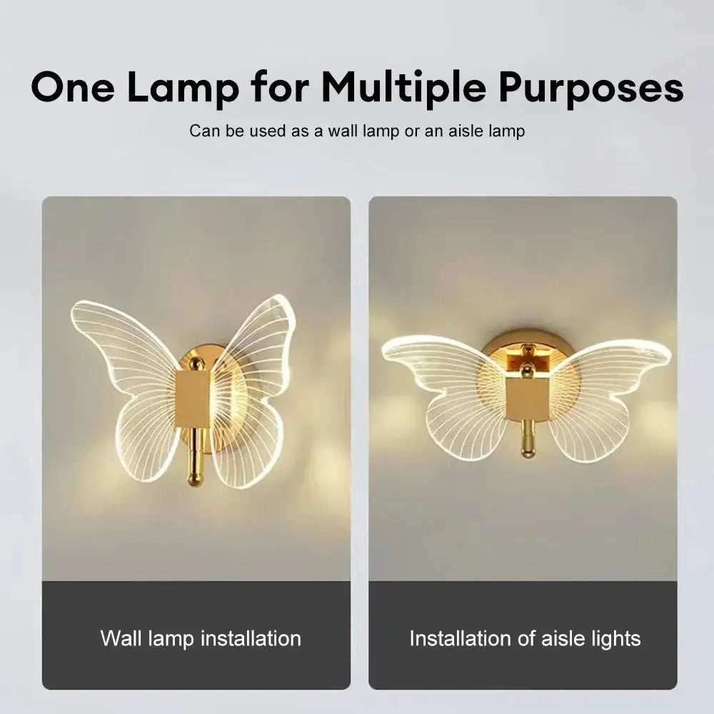 Pair of Simples Market butterfly LED wall lamps with gold metal mounts and acrylic wings