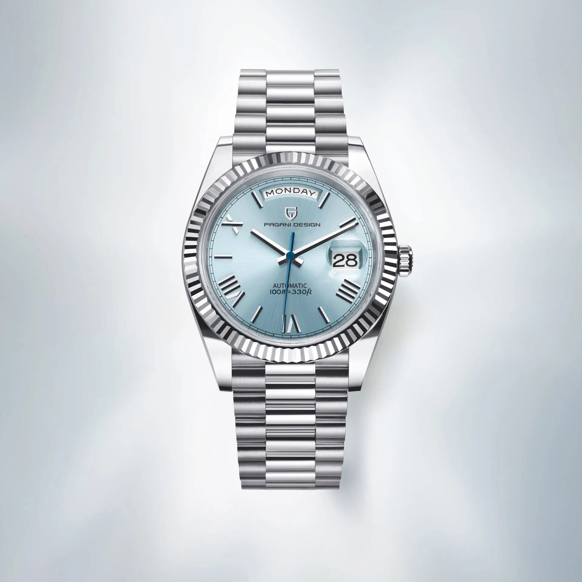 Pagani Design men's stainless steel watch with a light blue dial and day and date displays.