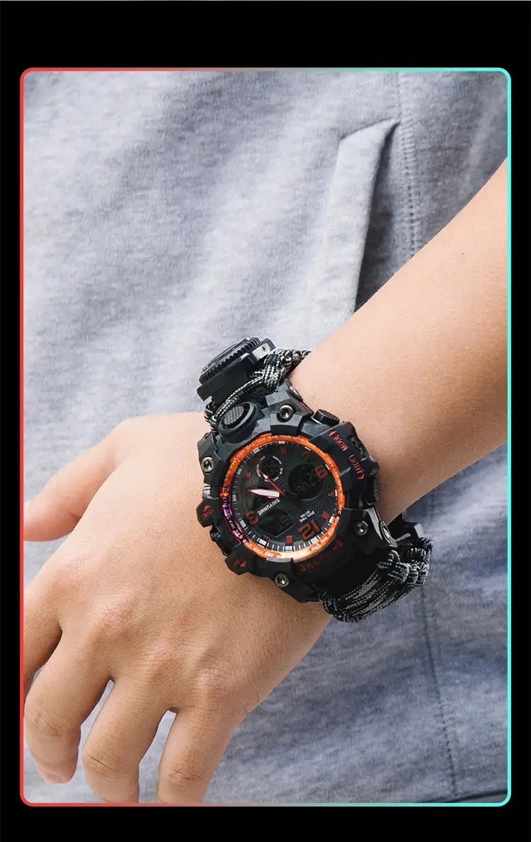 SHIYUNM men's military sport digital watch with orange bezel and paracord strap