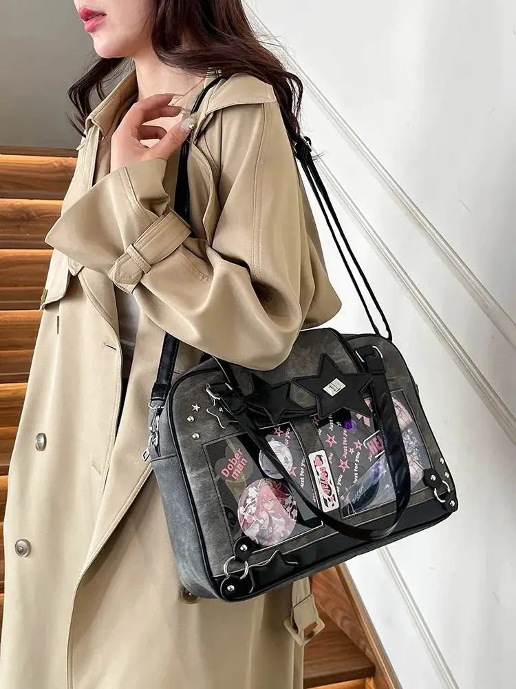 Y2K star ita bag, transparent crossbody with star patches, Simples Market