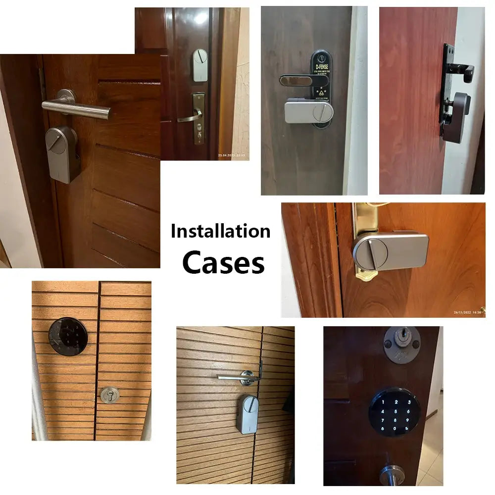 Simples Market A1 Pro Bluetooth Smart Door Lock collage of 8 silver locks on wooden doors
