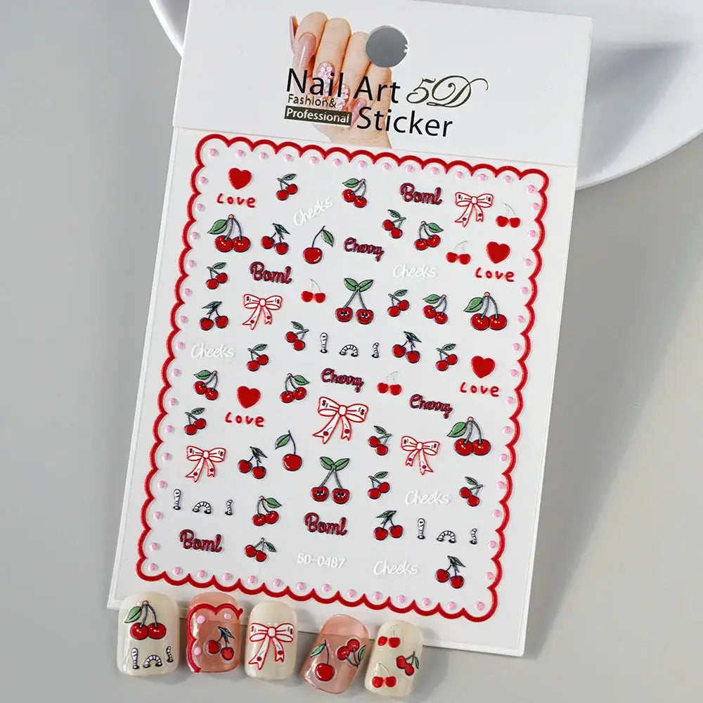 Simples Market 1PC 5D nail art sticker sheet with red cherries and bows for manicure