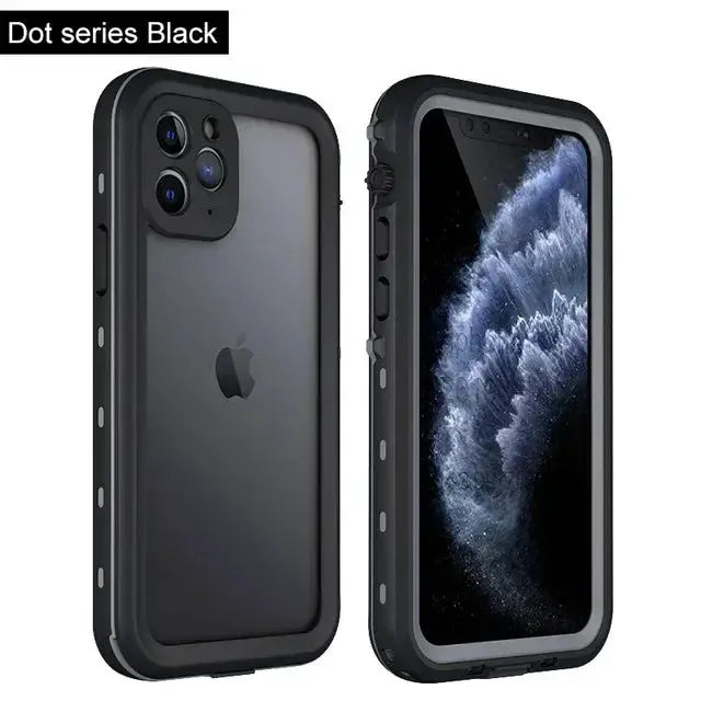 Full Sealed Clear IP68 Waterproof Case for iPhone, black frame with clear back; two-angle views