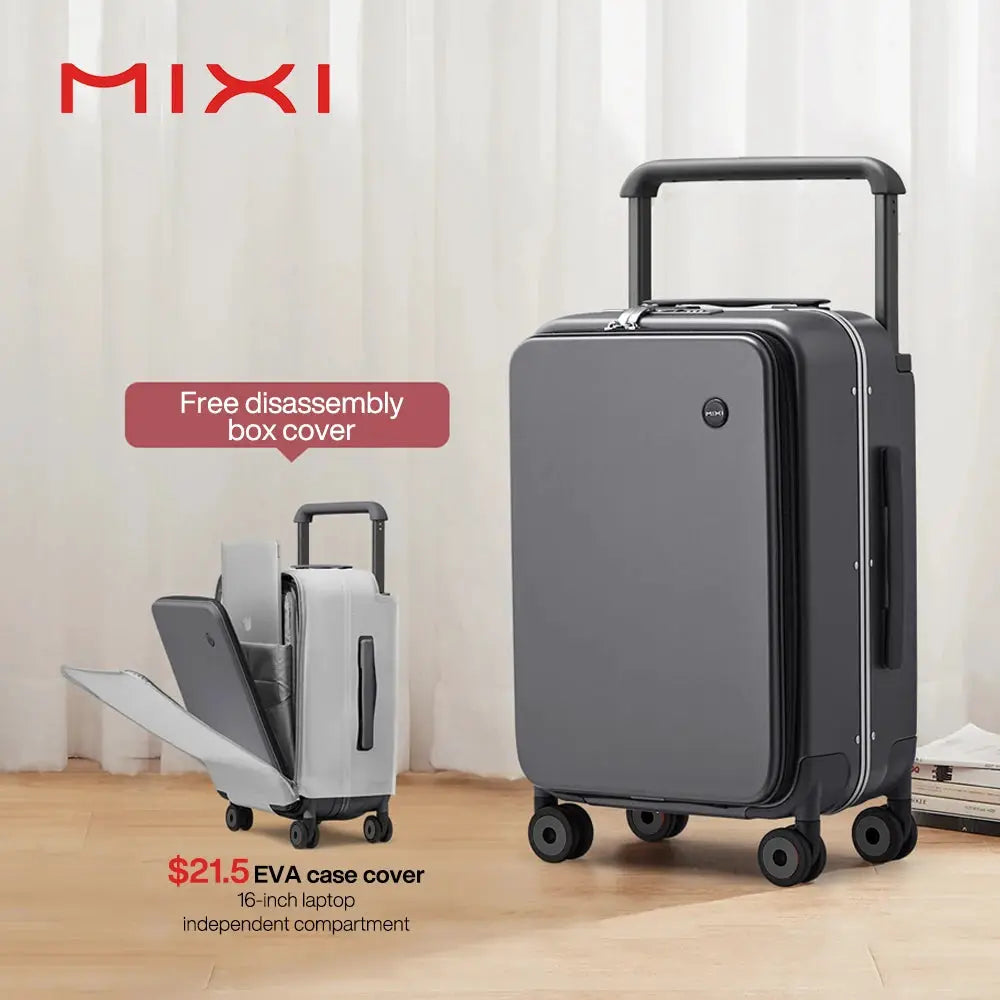 Mixi 20-inch carry-on suitcase in gray with a wide telescoping handle and four spinner wheels