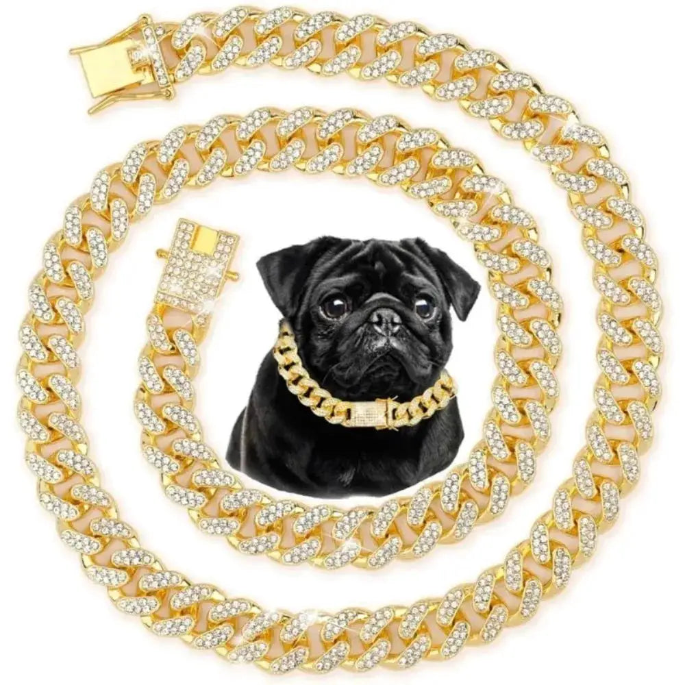 Cuban chain dog collar, gold-tone stainless steel with crystal accents, adjustable buckle for small to medium dogs