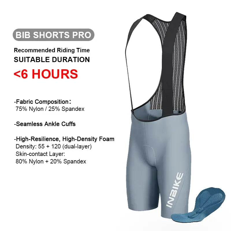 INBIKE men's MTB cycling bib shorts in blue-gray fabric with mesh bib straps and thigh logo