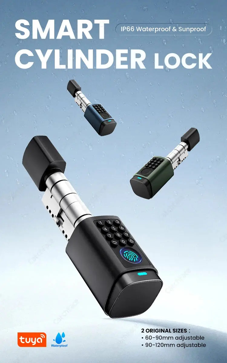 Smart cylinder door lock set, Tuya-enabled, IP66 waterproof, adjustable 60-90mm/90-120mm, 3 units