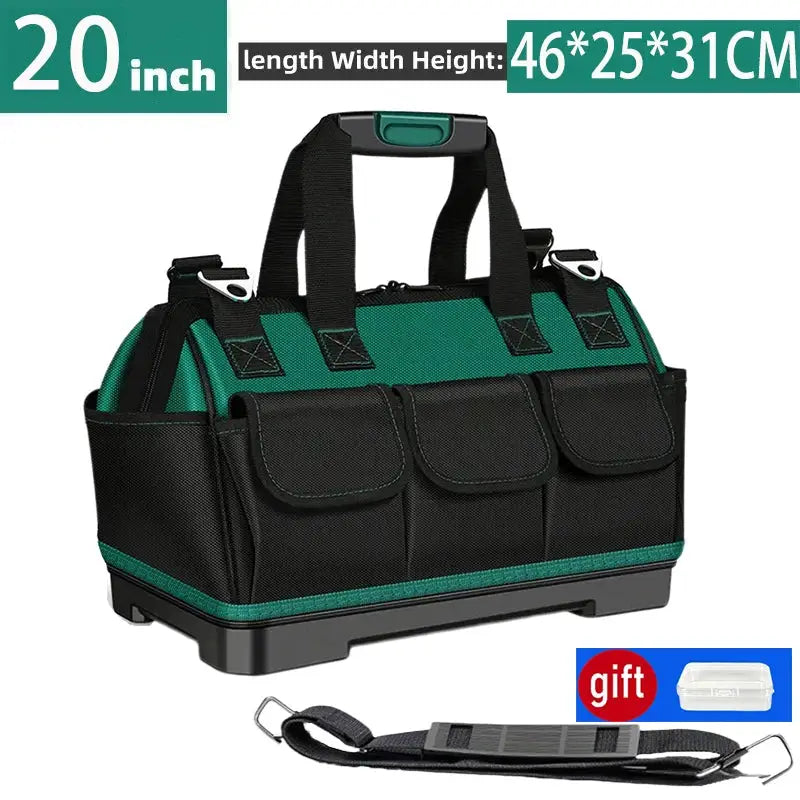 Simples Market 20-inch tool bag in green/black with multiple front pockets and a shoulder strap.