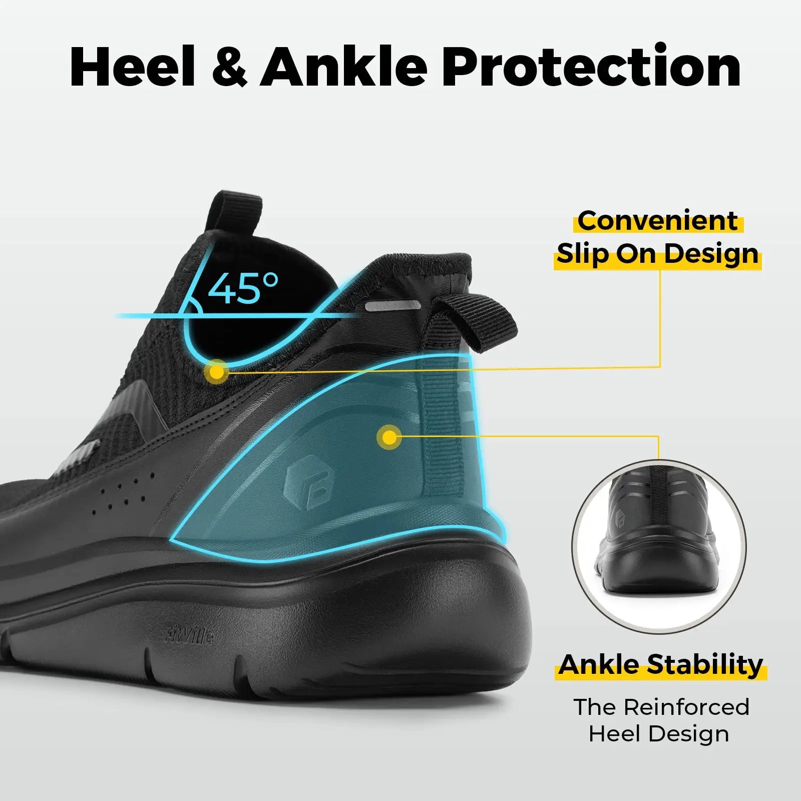 Fitville wide men's walking shoes, black with teal accents, lightweight breathable slip-on sneaker
