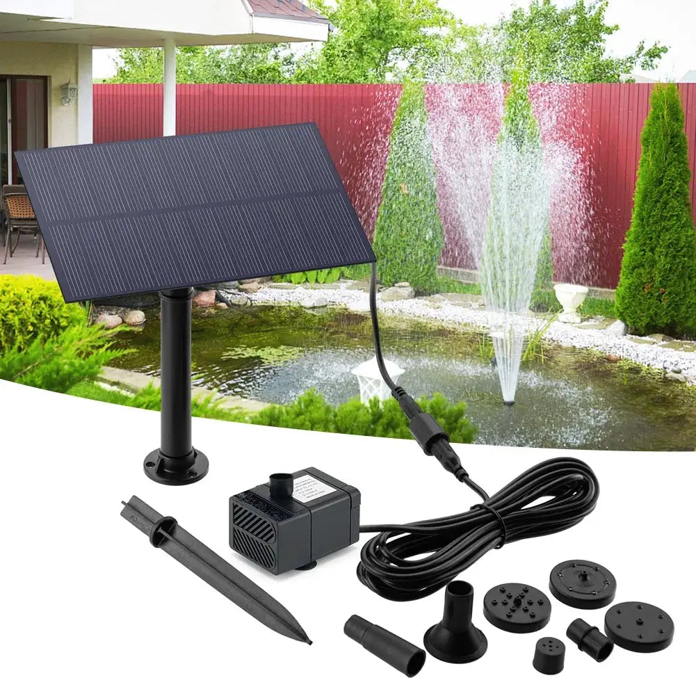 Simples Market black solar fountain kit with stake-mounted solar panel, pond pump, tubing and nozzle adapters