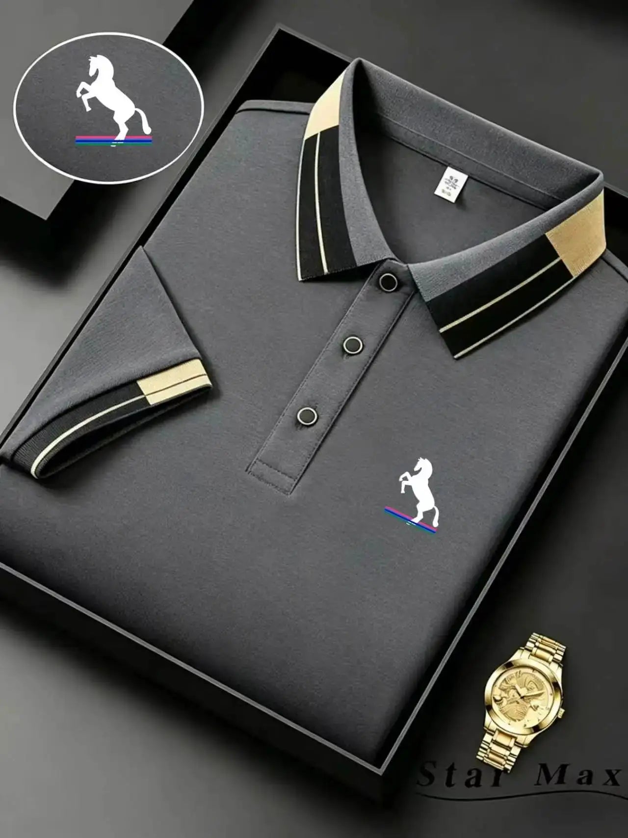 Men's grey polo shirt with horse embroidery logo and contrast striped collar by Simples Market