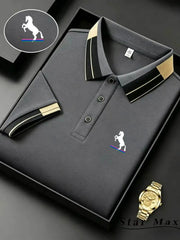 Men's grey polo shirt with horse embroidery logo and contrast striped collar by Simples Market