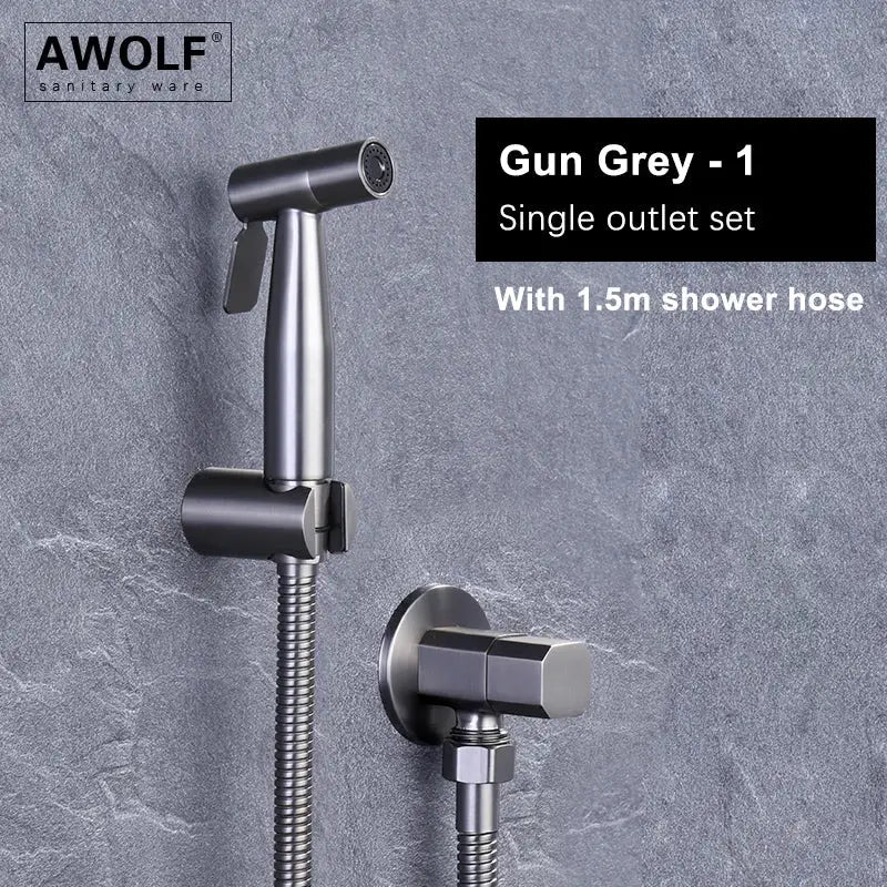AWOLF gun-grey handheld bidet sprayer with 1.5m hose and wall mount, single outlet set.