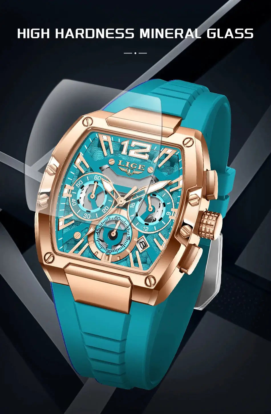 LIGE men's chronograph watch with turquoise dial and silicone strap.