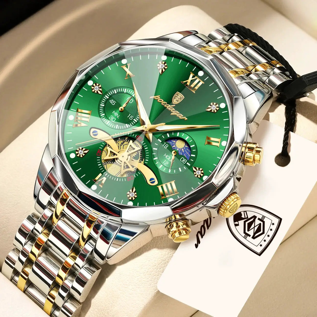 POEDAGAR Exquisite Business Mens Watch Waterproof Luminous Chronograph Luxury Stainless Steel Quartz Wristwatch