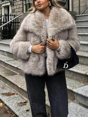 HH Women Fashion Cropped Faux Fur Jacket Coat Long Sleeve Front Snap Button Closure Lapel Collar Thick Outerwear Chic