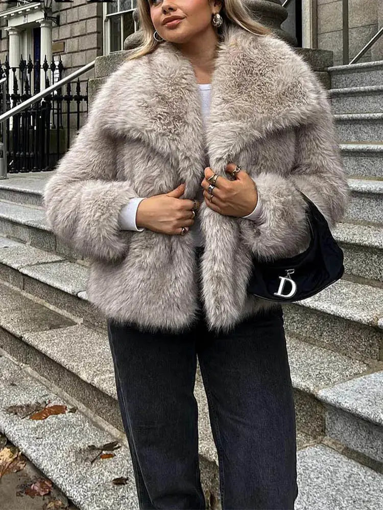 HH Women Fashion Cropped Faux Fur Jacket Coat Long Sleeve Front Snap Button Closure Lapel Collar Thick Outerwear Chic