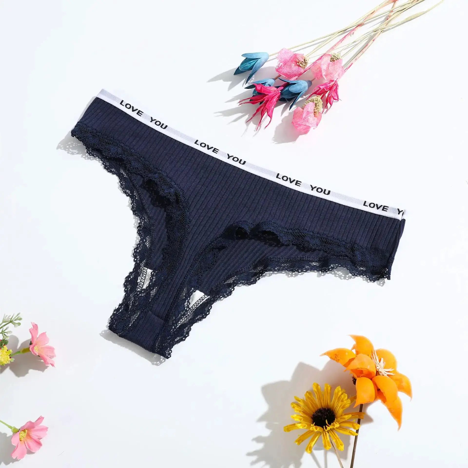 Black lace thong underwear, low-waist with white LOVE YOU waistband, 3-pack by Simples Market