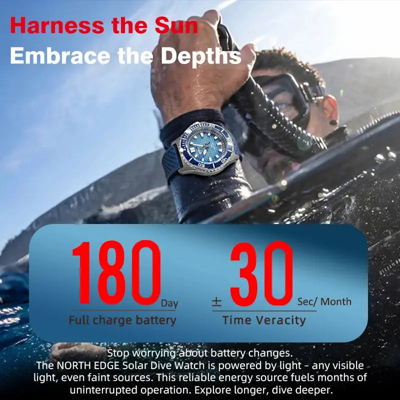 North Edge Abyss men's solar-powered dive watch, blue dial, 316L steel case, 200m water resistant — Simples Market