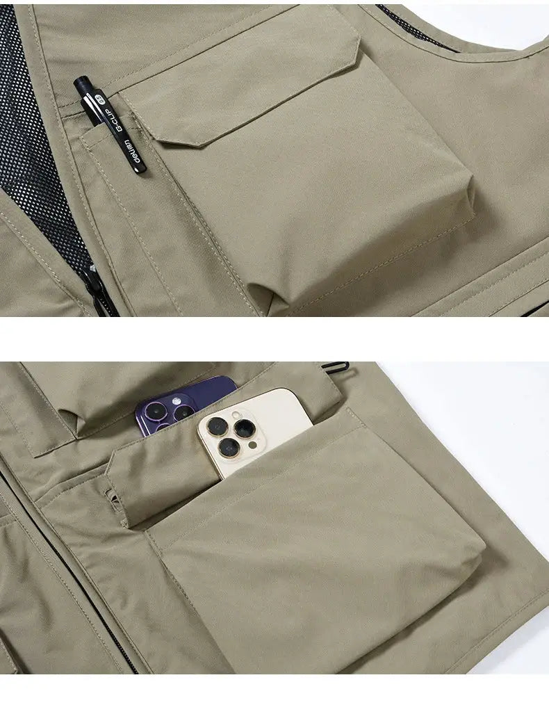 FGKKS men's beige utility vest with multiple pockets, zip front, slim lightweight waistcoat