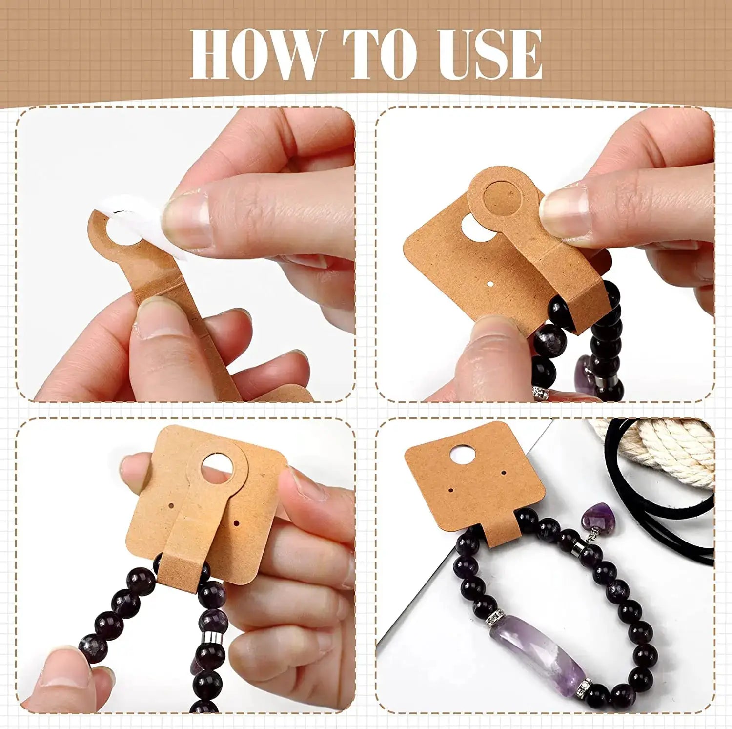 50pcs Self Adhesive Kraft Paper Card For Bracelet And Necklace Jewelry Hanging Holder 4x10cm Retail Display Packaging