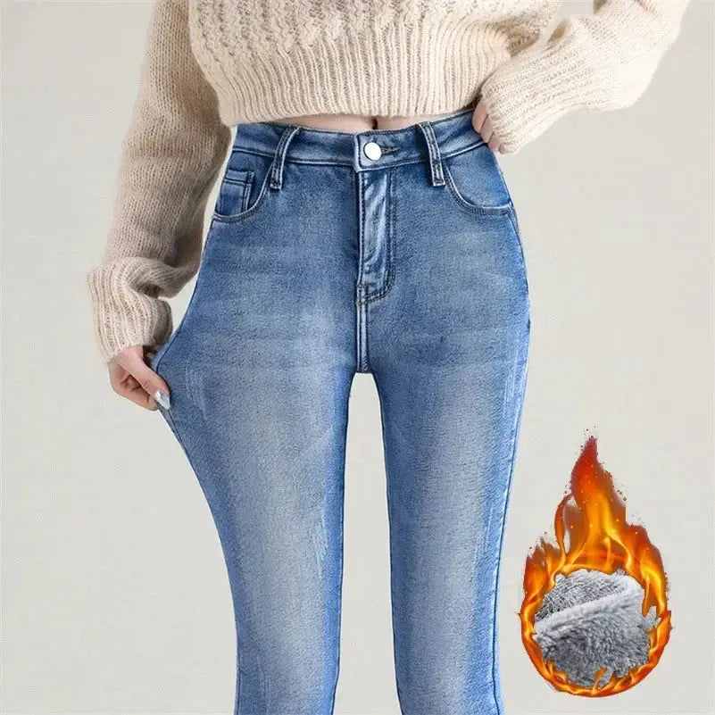 Women Thermal Jeans Fleece Lined Warm Stretch Slim Fit Pants Korean